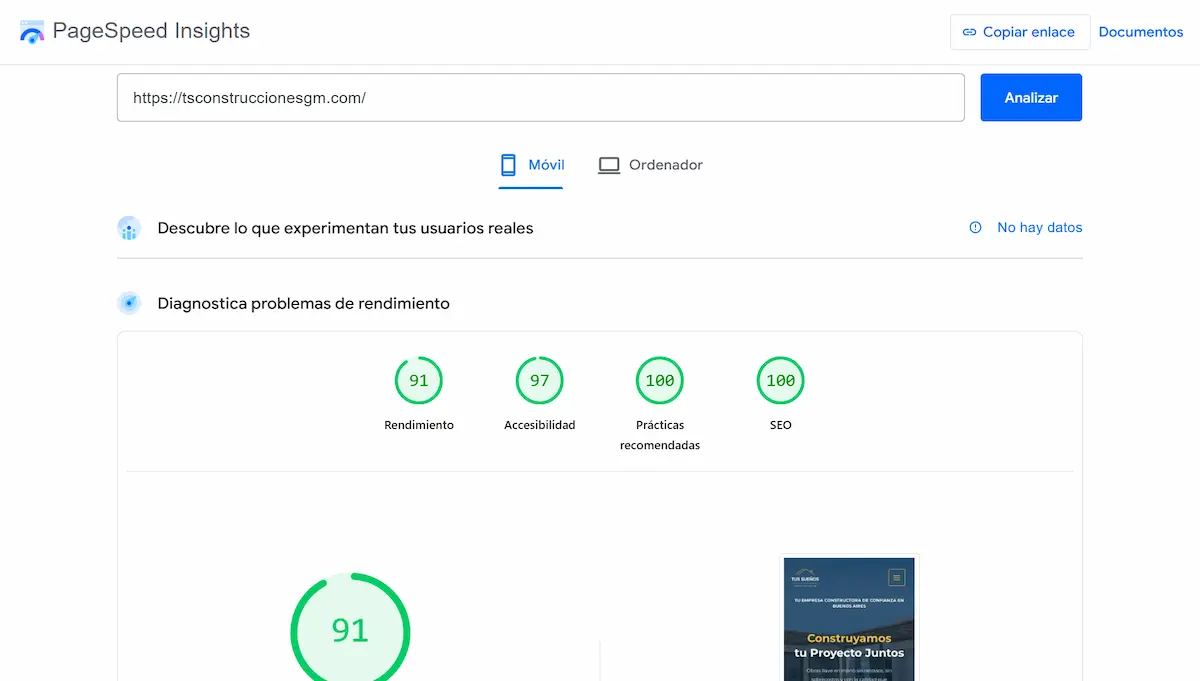 Screenshot del proyecto — Velocidad para empresa de la construcción