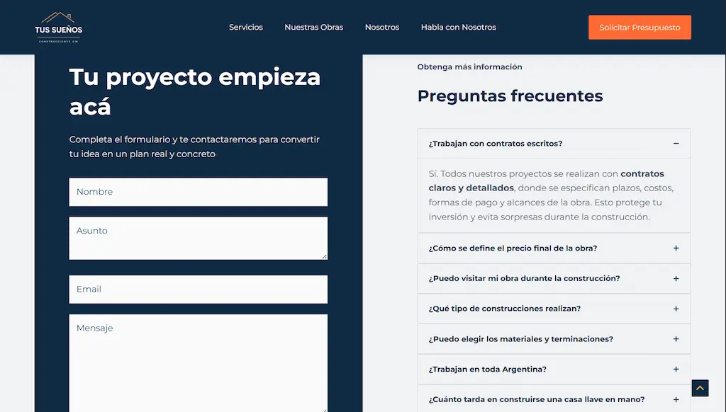 Diseño web para constructora con proceso visible + FAQ para responder lo que frena la decisión: plazos, visitas, materiales y forma de pago.