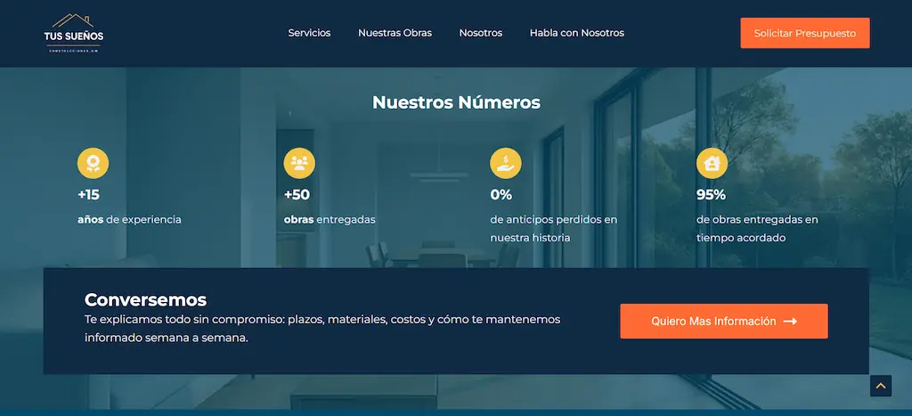 Pagina web creada para constructora con bloques de autoridad: números, contratos claros y póliza de caución para eliminar el miedo a estafas o costos ocultos.