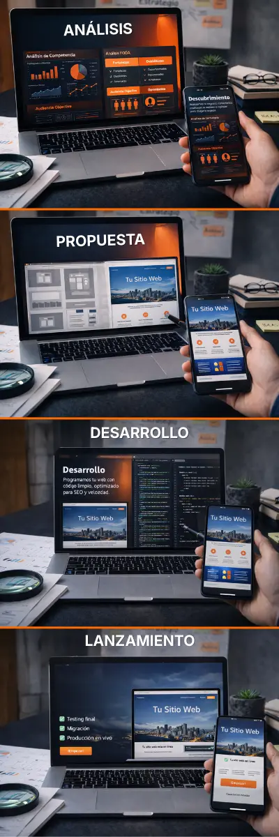 4 procesos que sigue Pylaris para diseñar paginas web. Analisis, propuesta, desarrollo y lanzamiento.