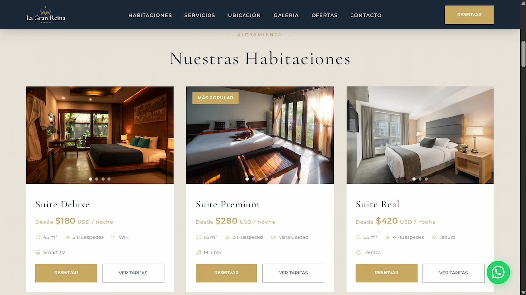 Galería de habitaciones en diseño web para hotel