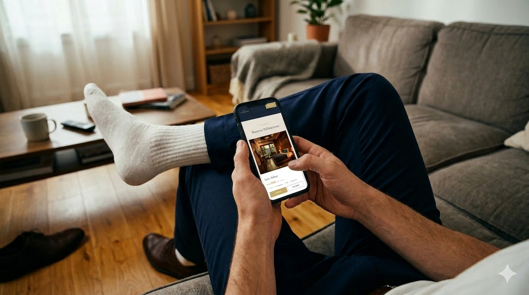 Viajero evaluando la web de un hotel desde su celular