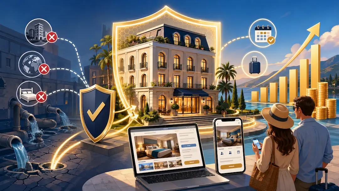 Imagen principal del artículo de Pylaris Agencia de Marketing Digital Hotelero sobre cómo reducir la dependencia de OTAs sin perder ocupación. El post explica por qué depender de Booking, Expedia y otros intermediarios limita la rentabilidad del hotel, cómo construir un canal directo propio, mejorar la web, activar Google Ads, trabajar SEO hotelero y aumentar reservas directas de forma progresiva sin caer en la trampa de la ocupación