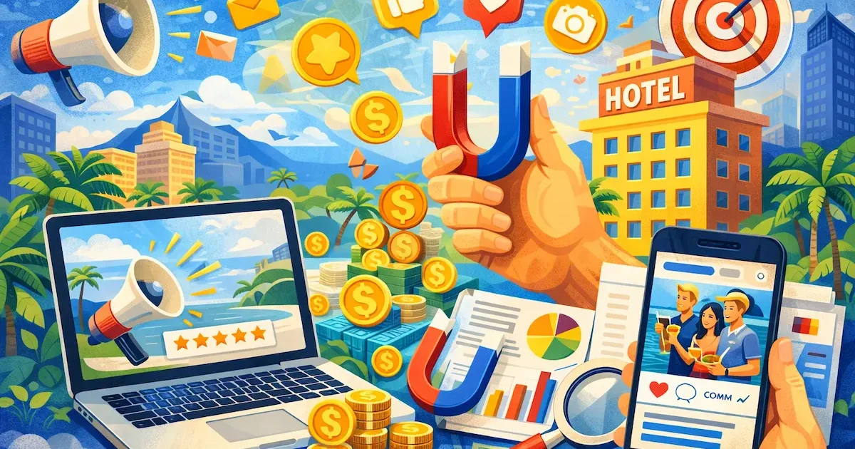 Imagen principal del artículo de Pylaris Agencia de Marketing Digital Hotelero sobre estrategias de marketing hotelero que realmente funcionan. El post explica cómo los hoteles pueden atraer huéspedes, mejorar su presencia digital, reducir la dependencia de OTAs como Booking y Expedia, aumentar reservas directas y construir un sistema propio de ventas online.