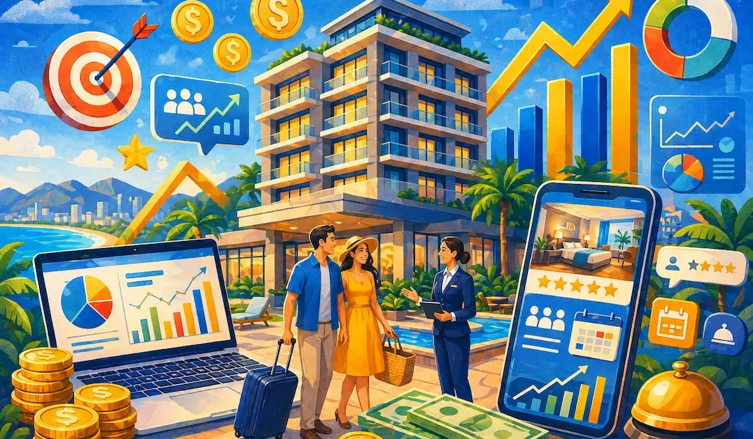 Imagen principal del artículo de Pylaris Agencia de Marketing Digital Hotelero sobre el problema real de las ventas en hotelería. El post explica por qué vender más habitaciones no siempre significa ganar más, cómo influyen las OTAs, las reservas directas, el RevPAR, el ADR y el GOP en la rentabilidad hotelera, y qué estrategias ayudan a mejorar los ingresos de un hotel independiente.
