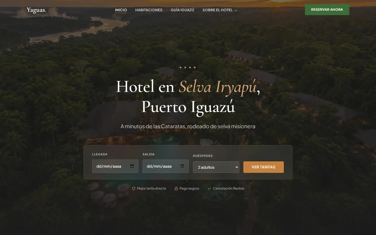 Diseño web para hoteles: muestra de Hotel Yaguas, Puerto Iguazú, en computadora