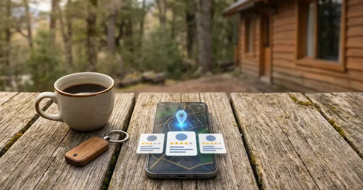 Ficha de un hotel en Google Maps con reseñas vista desde el celular en el deck de una cabaña