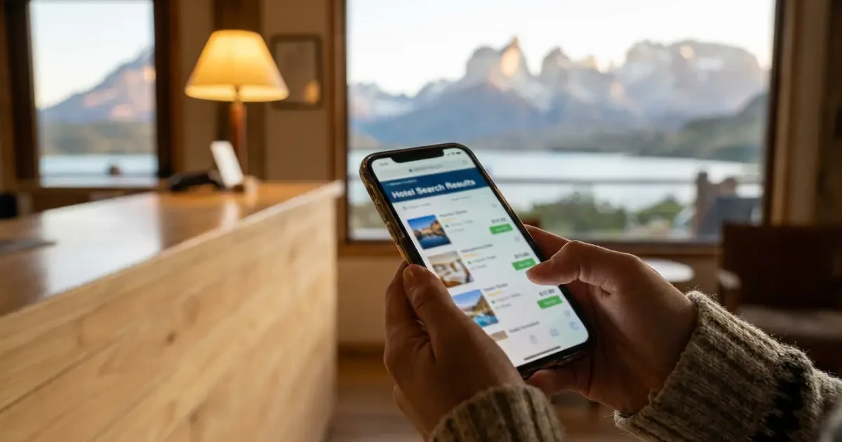 Huésped comparando precios de hoteles en Google desde el celular en la recepción de un hotel boutique