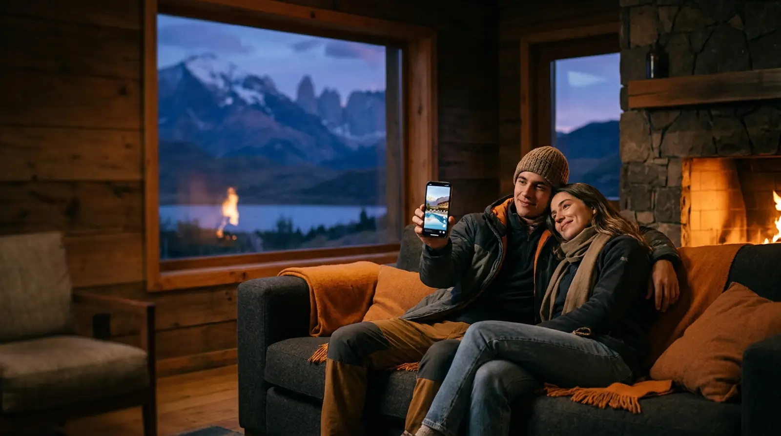 Pareja de viajeros mirando un Reel de un hotel en el celular