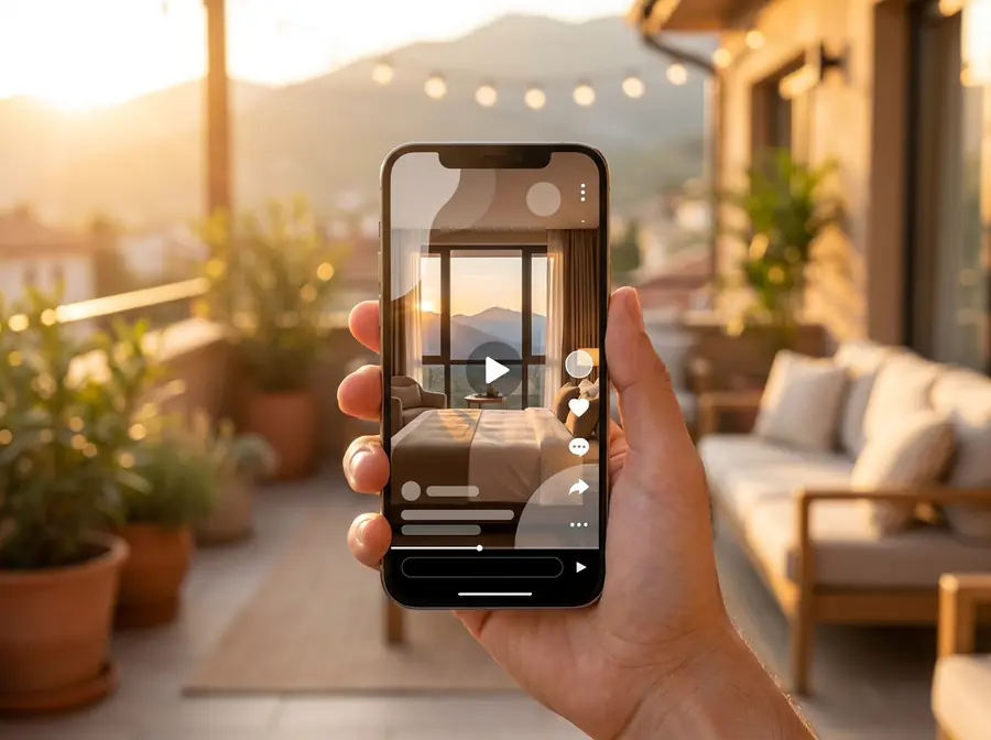 Celular mostrando un Reel de Instagram de un hotel boutique, ejemplo de publicidad en Instagram para hoteles